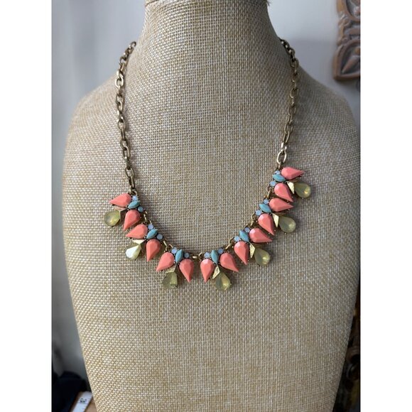 J.Crew Statement Necklace With Coral Yellow & Aqua Gemstones On Gold-Tone Chain - Picture 1 of 6